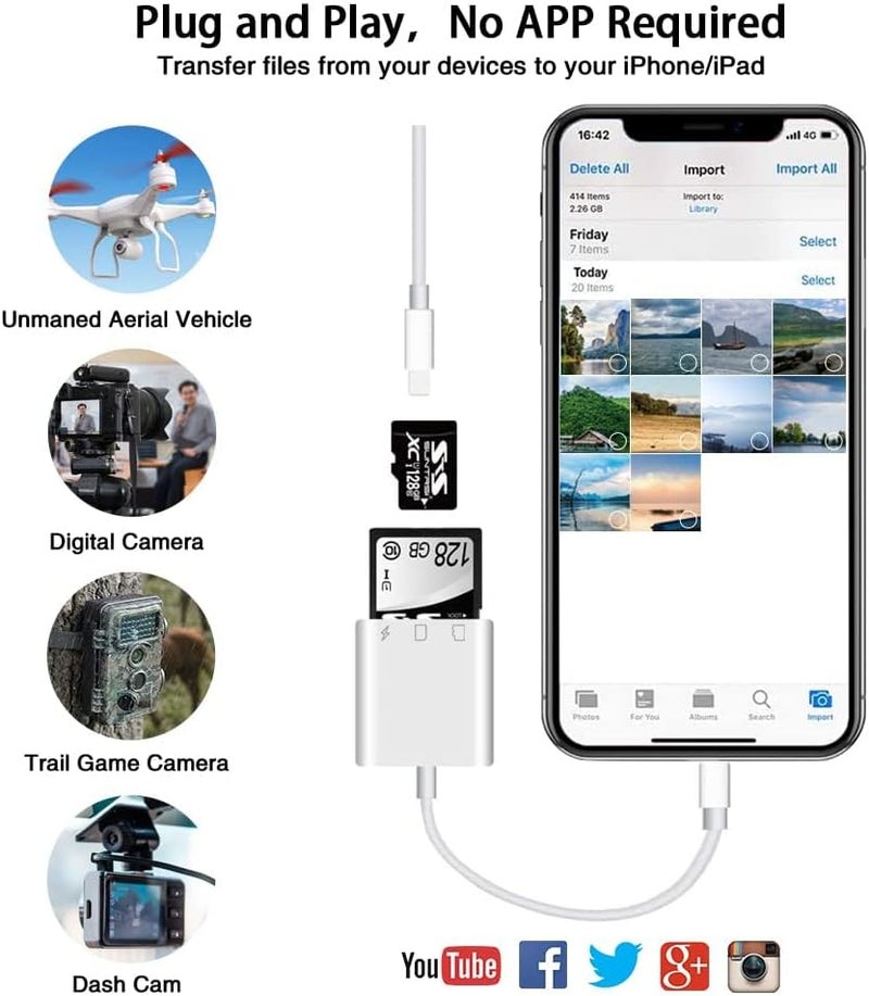 SUNTRSI SD Card Reader for iPhone iPad,Micro SD Card Reader Memory Card Reader Plug and Play Trail Camera SD Card Adapter,Simultaneous Charging and Reading - Image 2